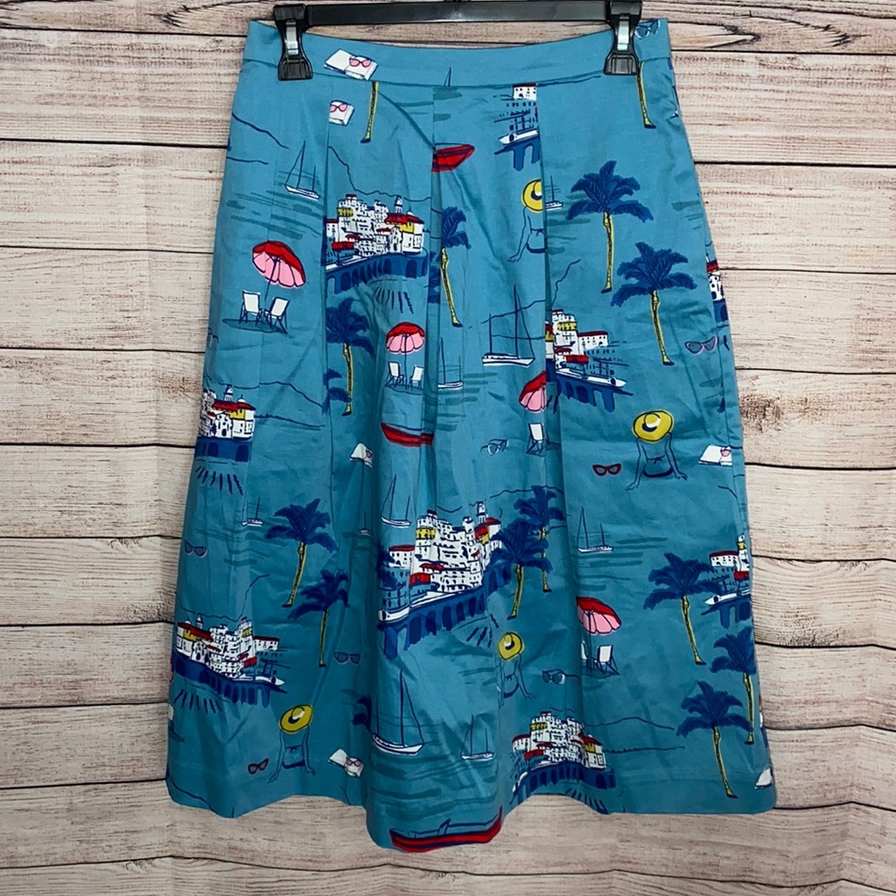 Boden Blue Beach Pattern Midi Flare Skirt With Pockets Size 6R